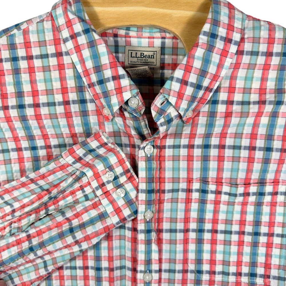 L.L. Bean Button Front Shirt Mens XXL Tall Red Blue Plaid Gingham Preppy